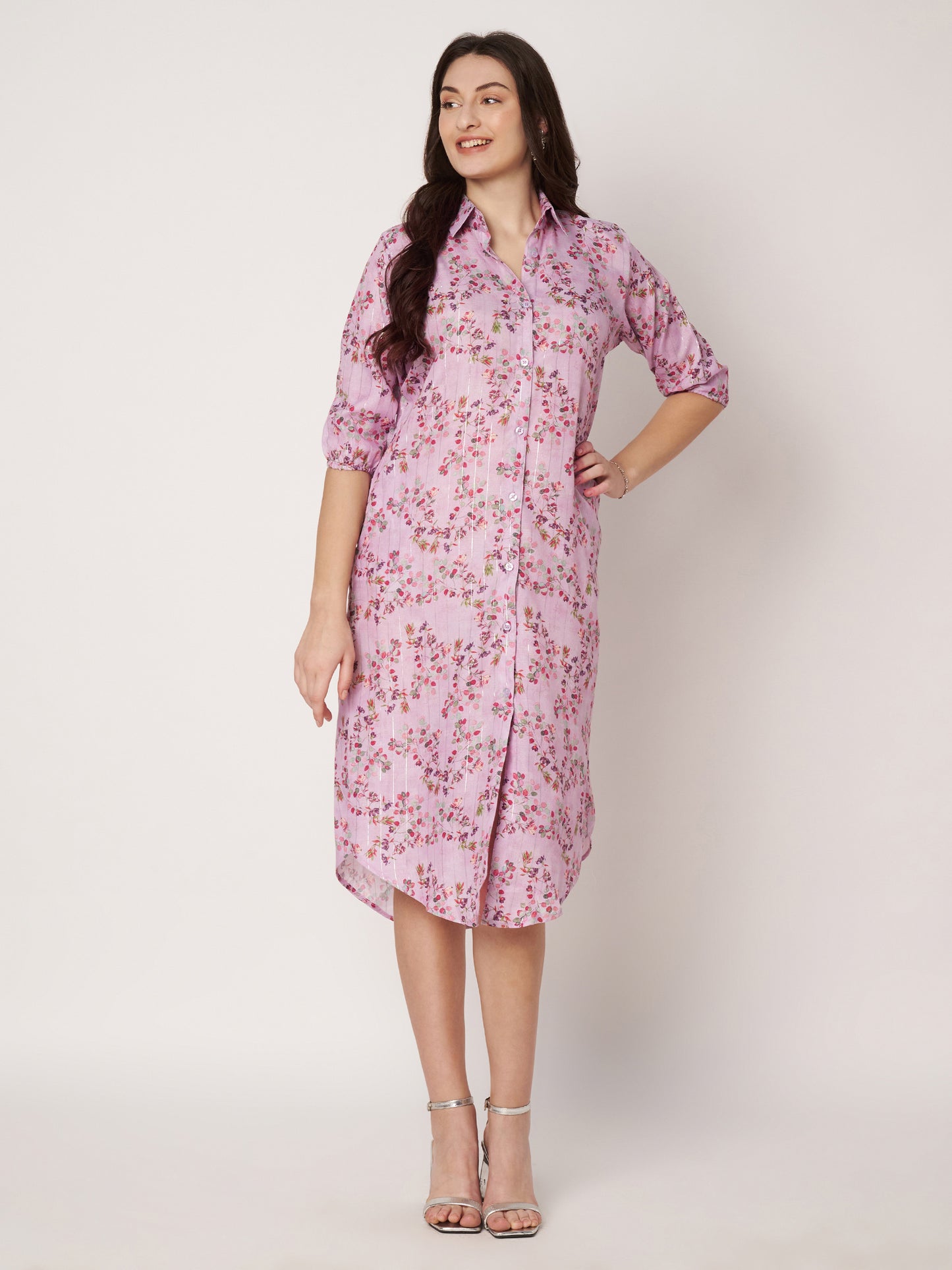 Kuberakshi- Lavender printed long shirt style dress with belt