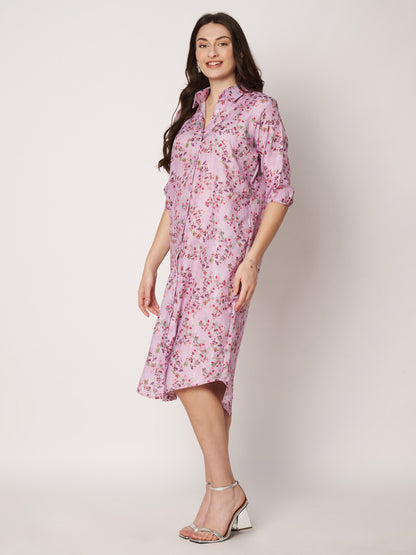 Kuberakshi- Lavender printed long shirt style dress with belt