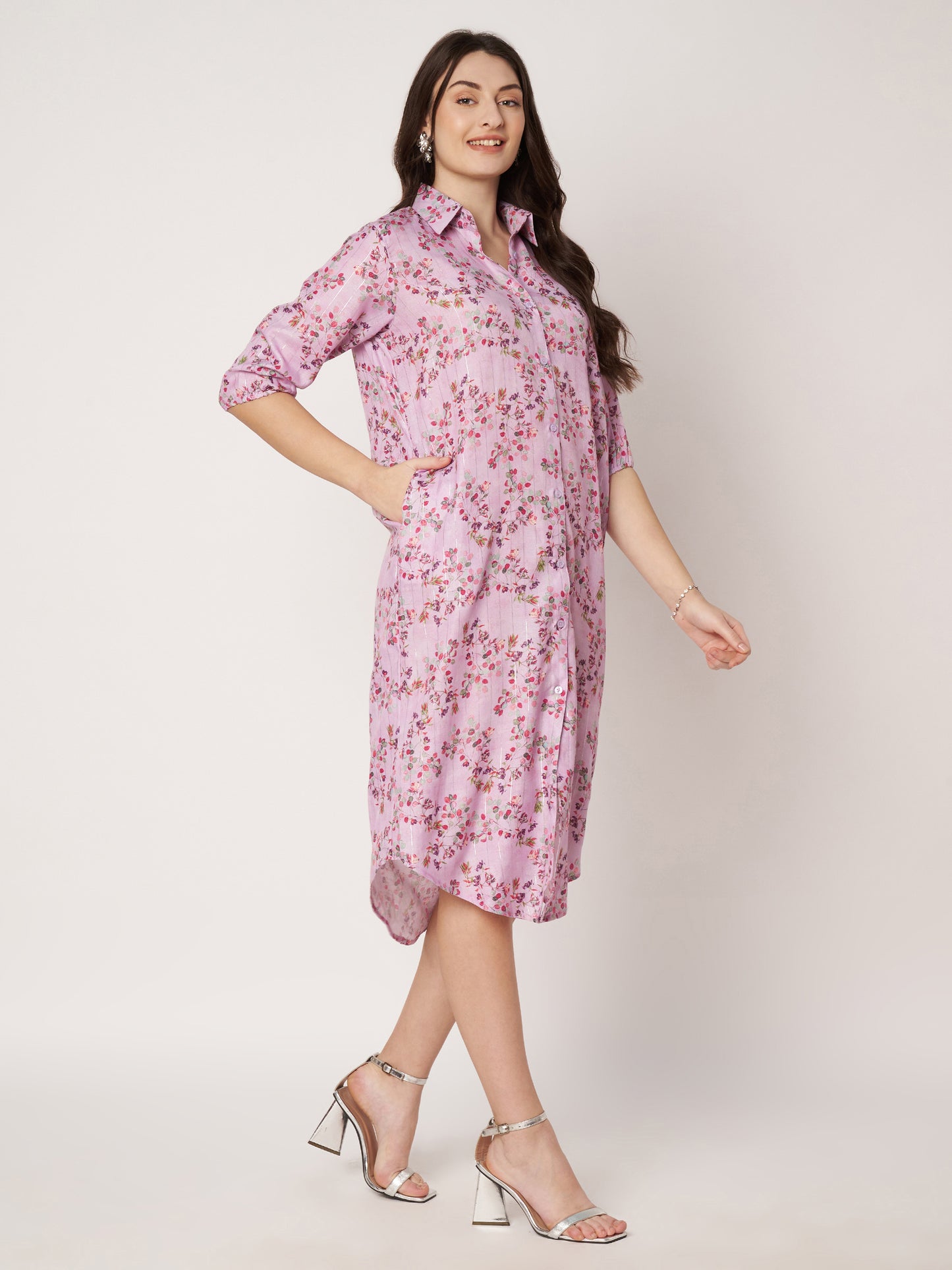Kuberakshi- Lavender printed long shirt style dress with belt