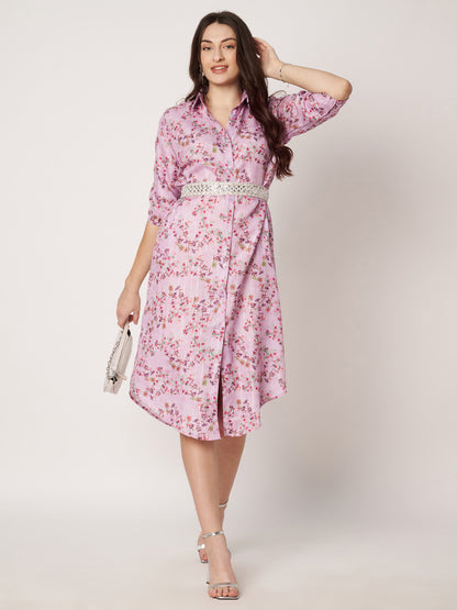 Kuberakshi- Lavender printed long shirt style dress with belt
