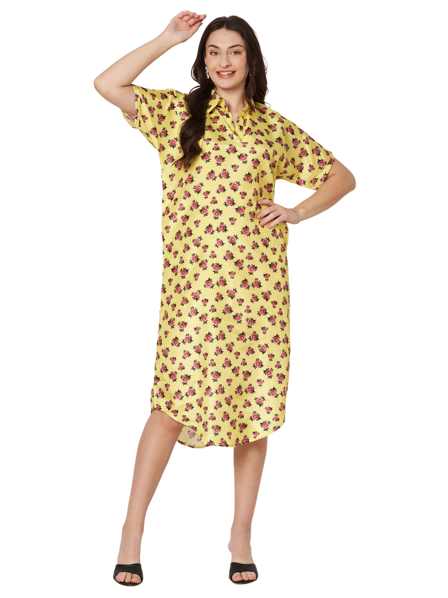 Kuberakshi-Dark Yellow with little flowers long dress with Korean sleeves