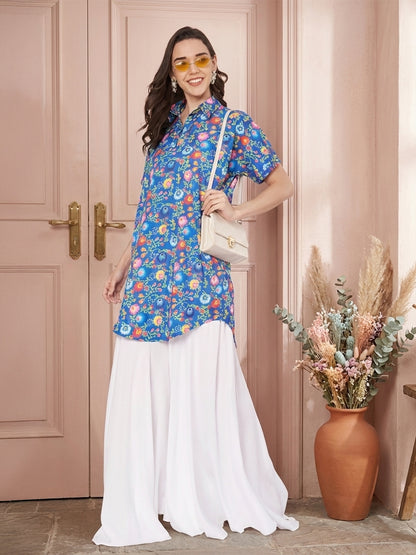 Kuberakshi Floral Print Shirt Kurti with White Palazzo Set
