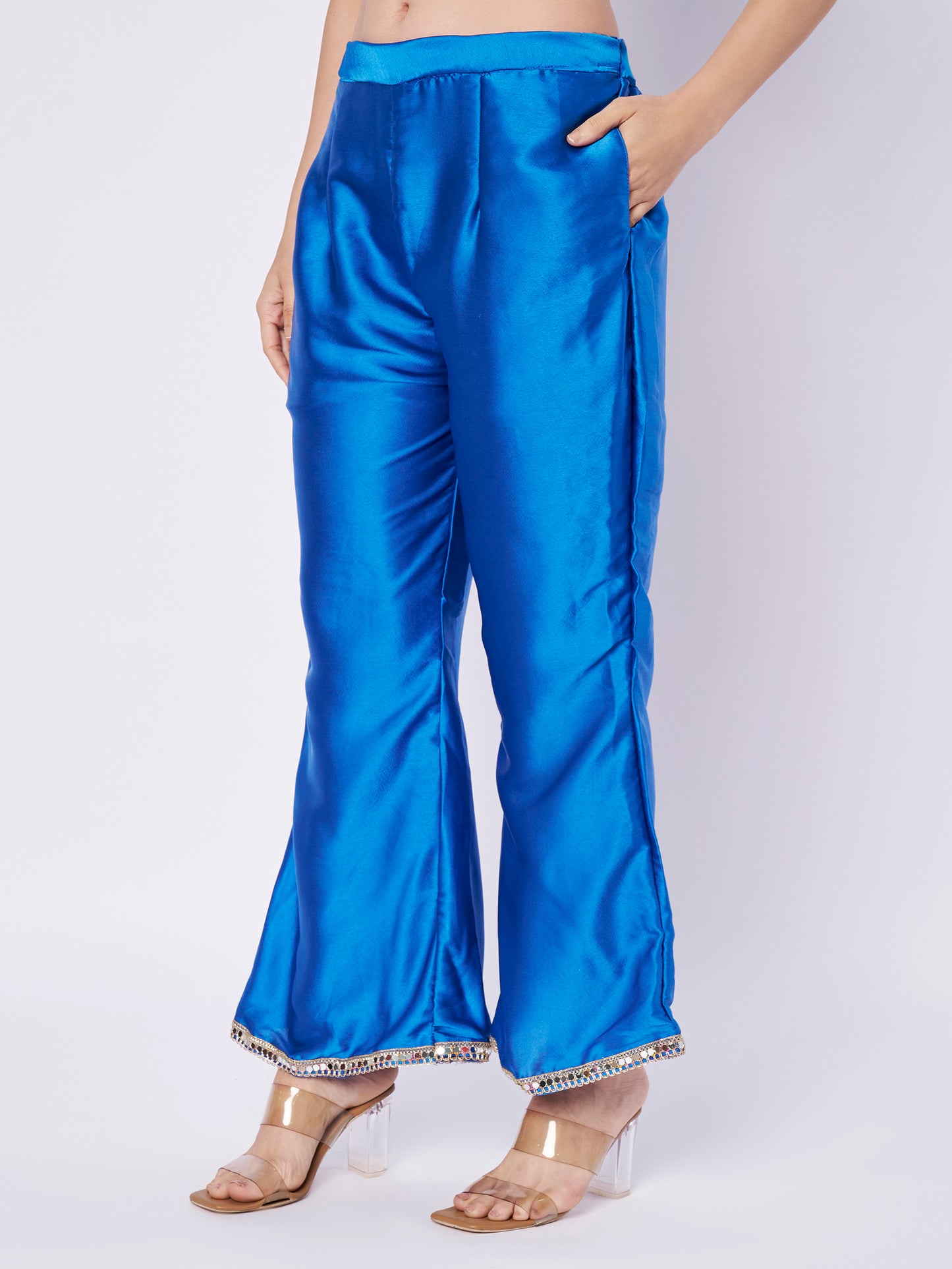 White Satin with Blue bell bottom Designer cord set