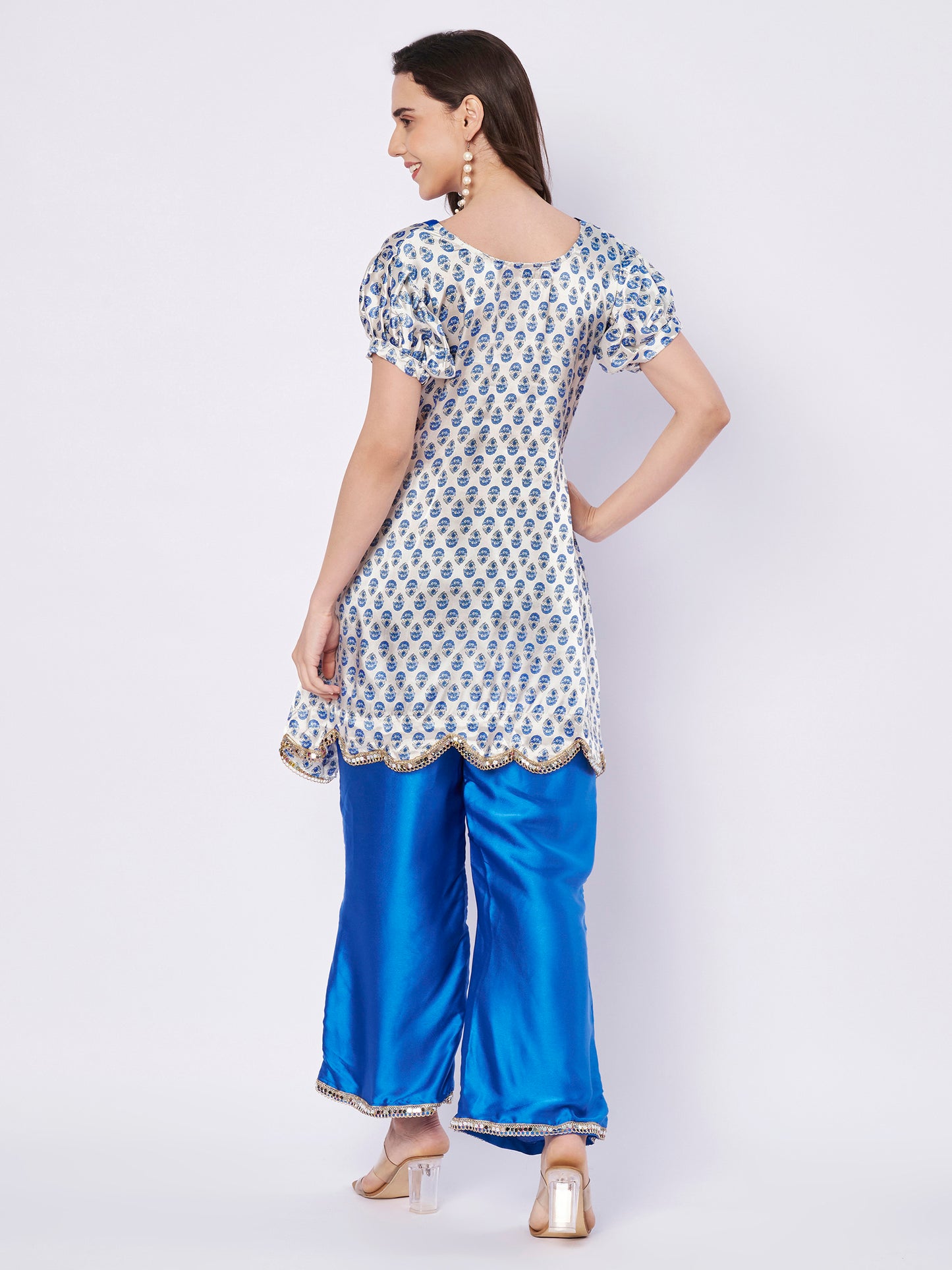 White Satin with Blue bell bottom Designer cord set