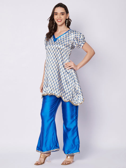 White Satin with Blue bell bottom Designer cord set