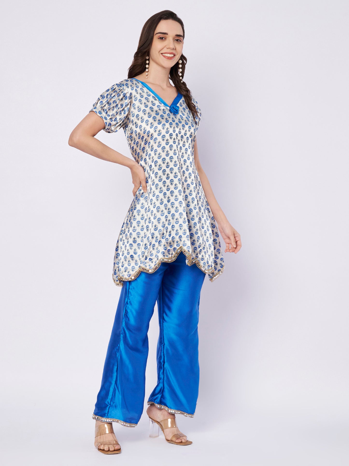 White Satin with Blue bell bottom Designer cord set