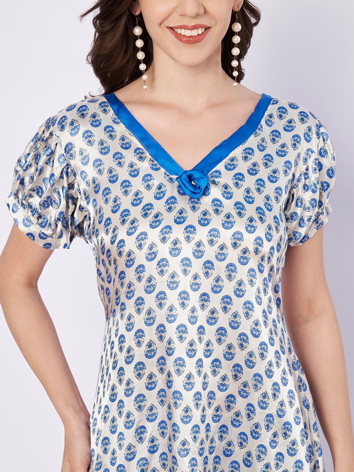 White Satin with Blue bell bottom Designer cord set