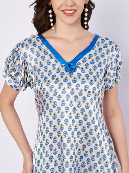 White Satin with Blue bell bottom Designer cord set