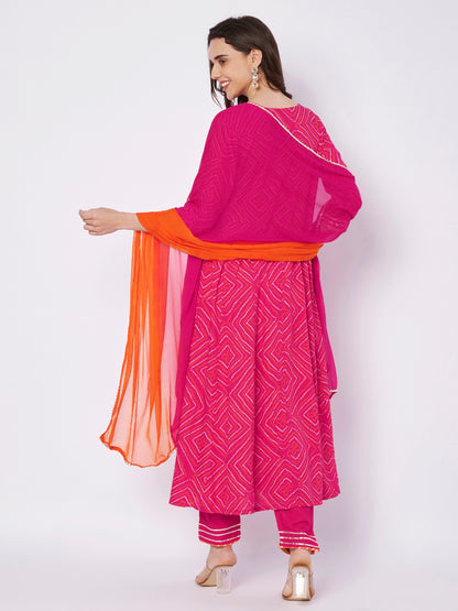 Hot Pink Jaipuri Print Frock Suit