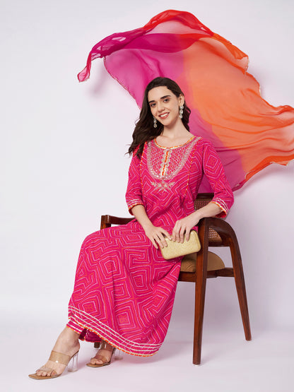 Hot Pink Jaipuri Print Frock Suit