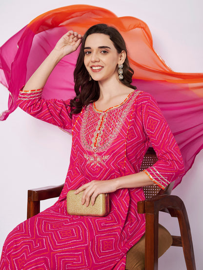 Hot Pink Jaipuri Print Frock Suit