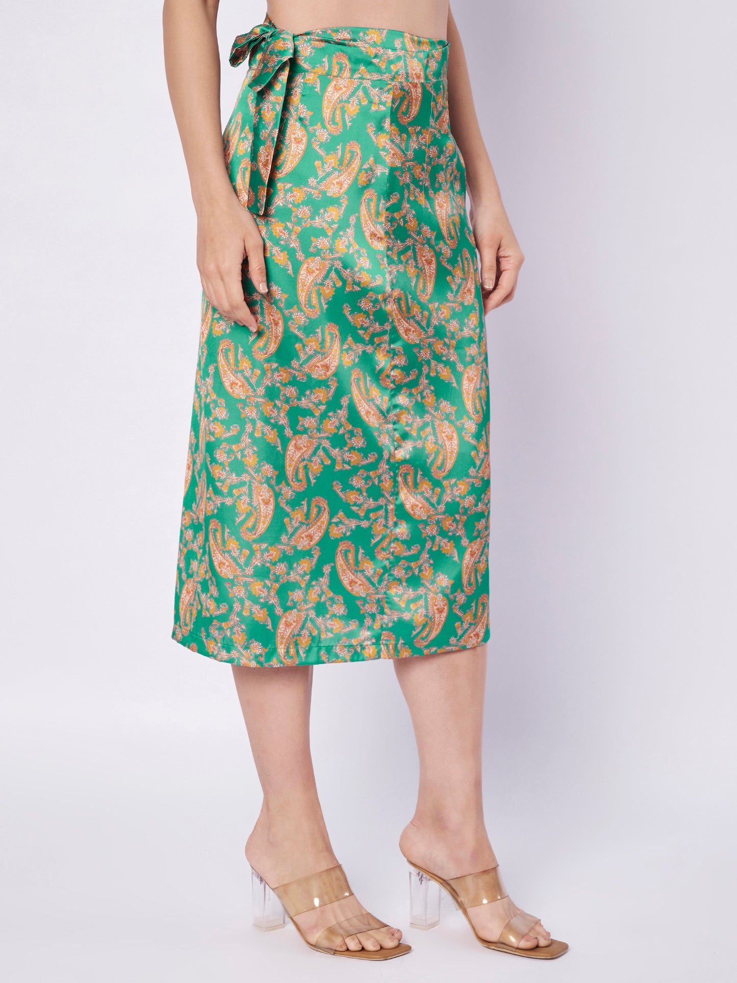 Printed Satin Wrap Skirt and Top