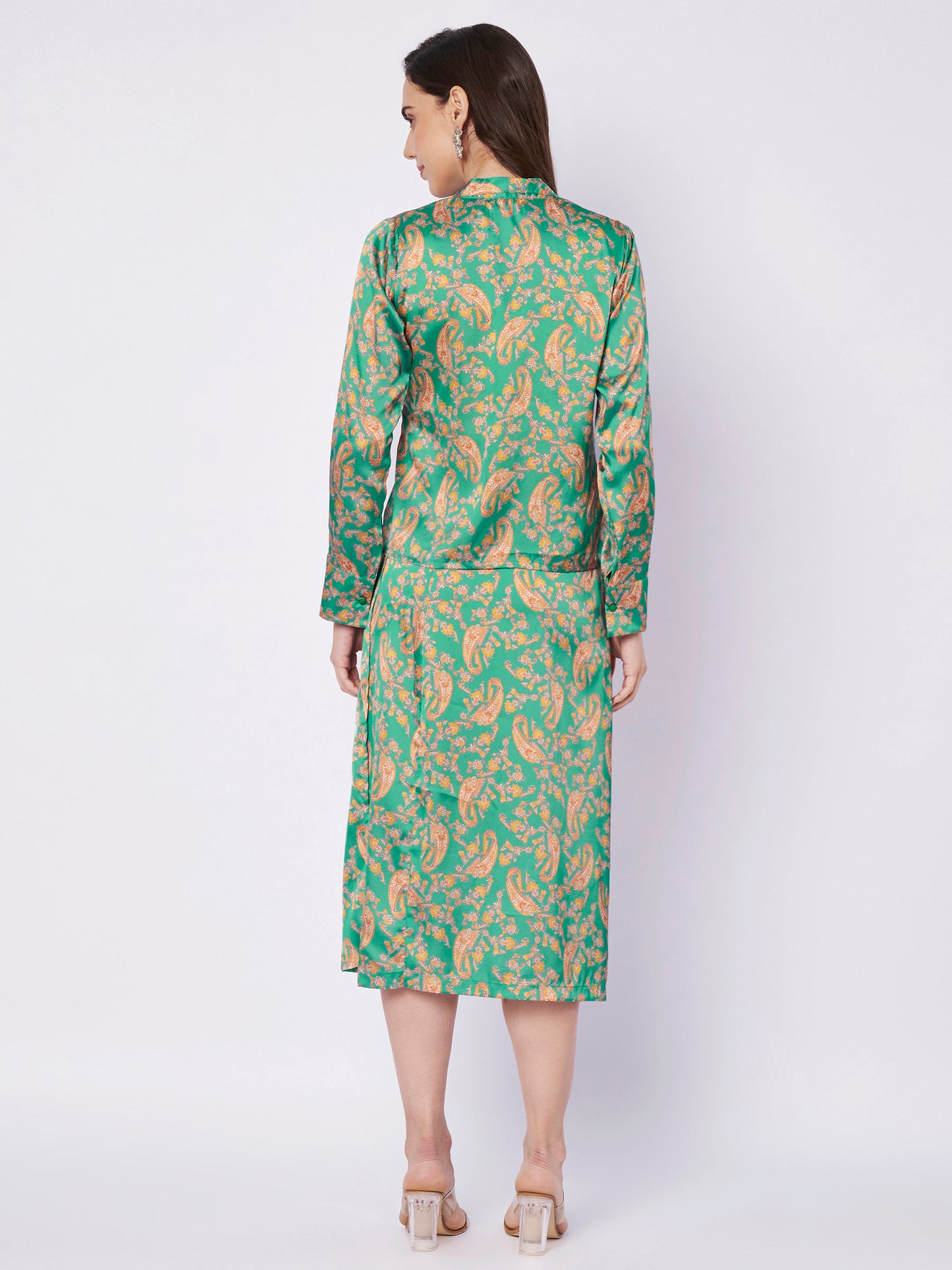 Printed Satin Wrap Skirt and Top