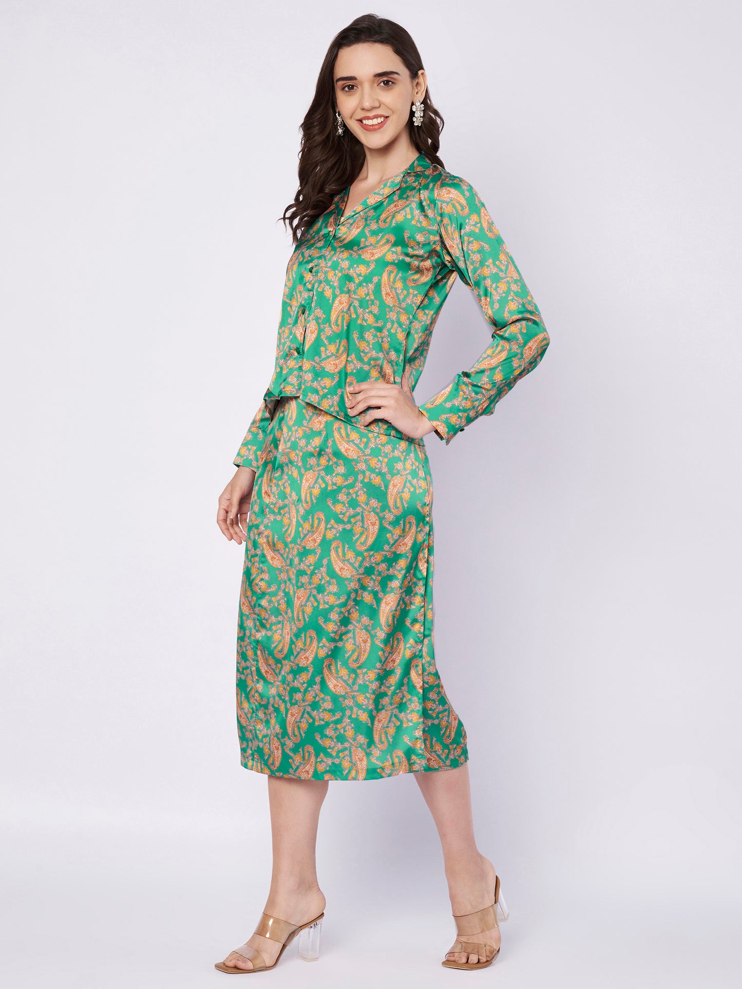 Printed Satin Wrap Skirt and Top