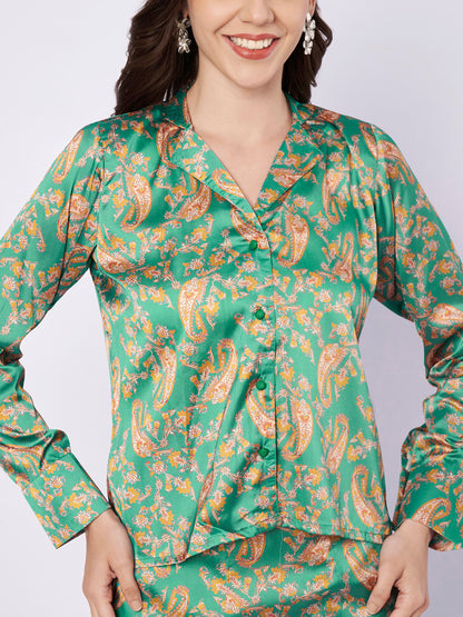 Printed Satin Wrap Skirt and Top