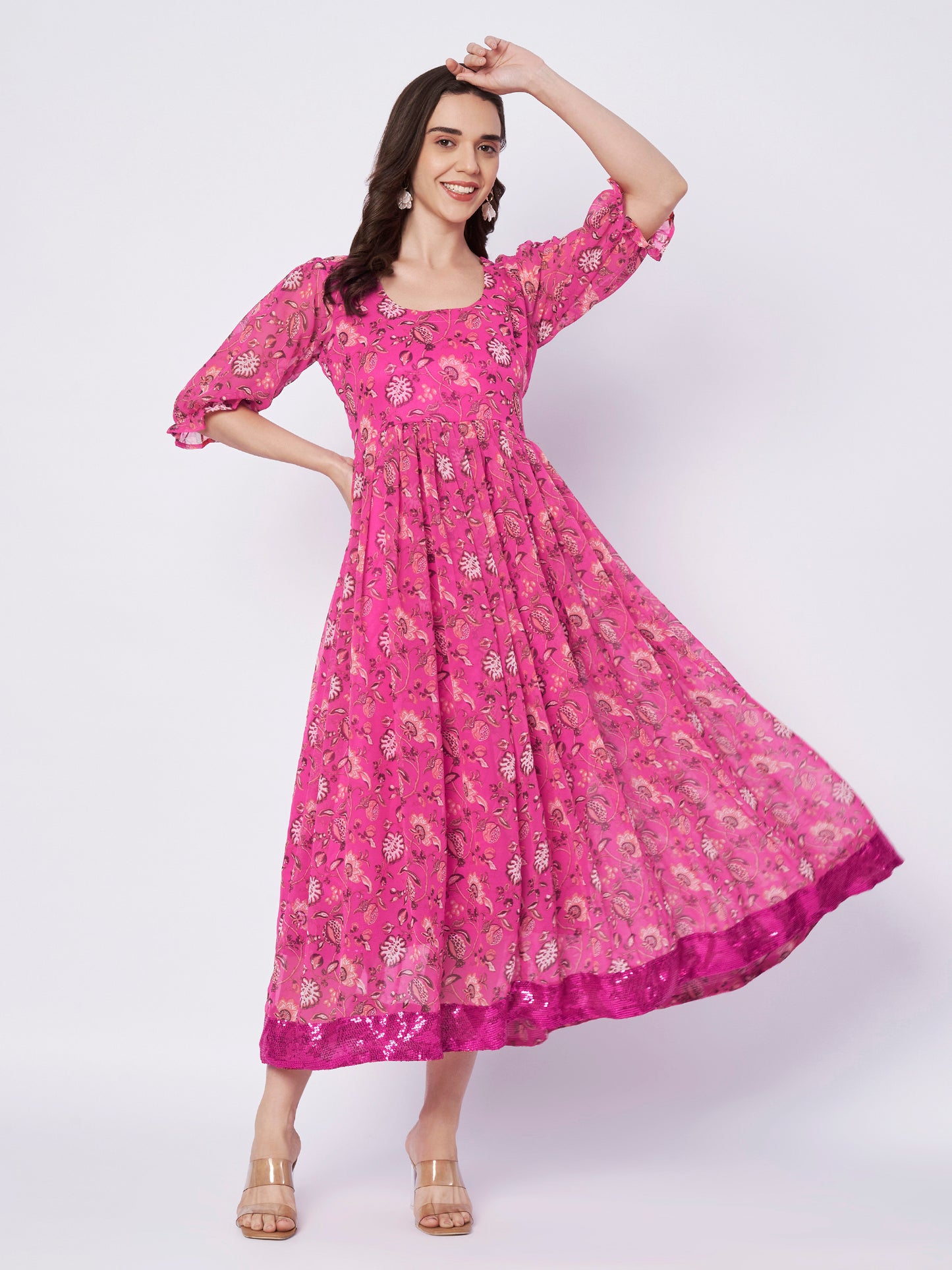 Kuberakshi Floral Print Anarkali Midi Dress with Sequin Border