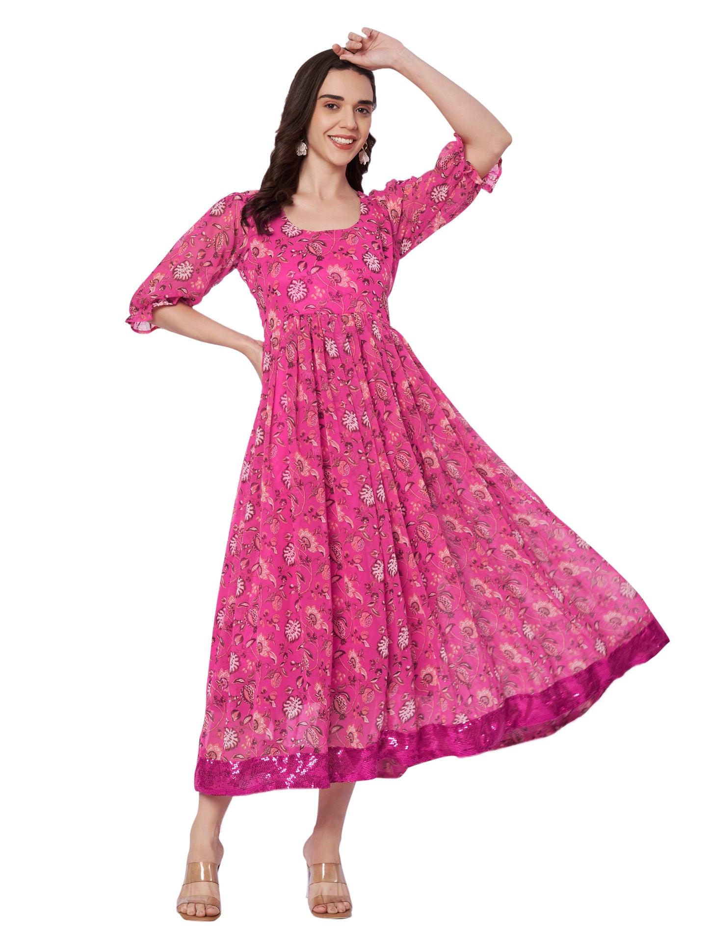 Kuberakshi Floral Print Anarkali Midi Dress with Sequin Border