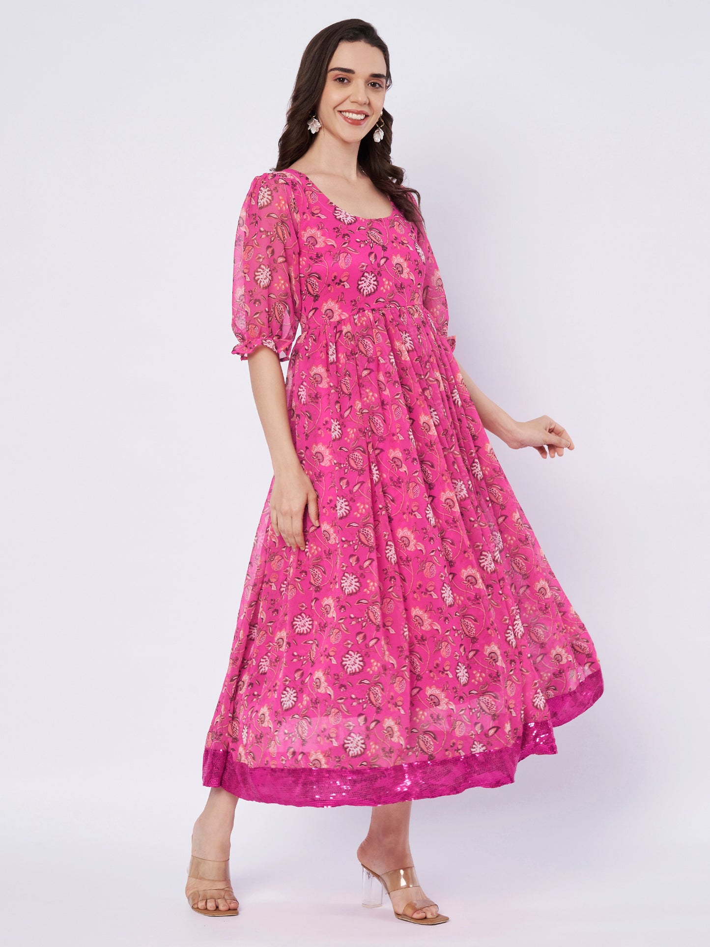 Kuberakshi Floral Print Anarkali Midi Dress with Sequin Border