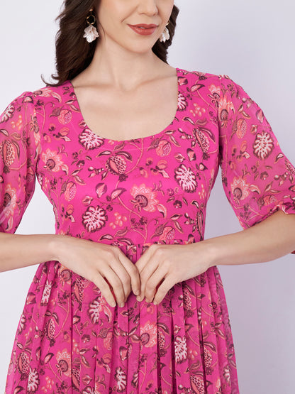 Kuberakshi Floral Print Anarkali Midi Dress with Sequin Border