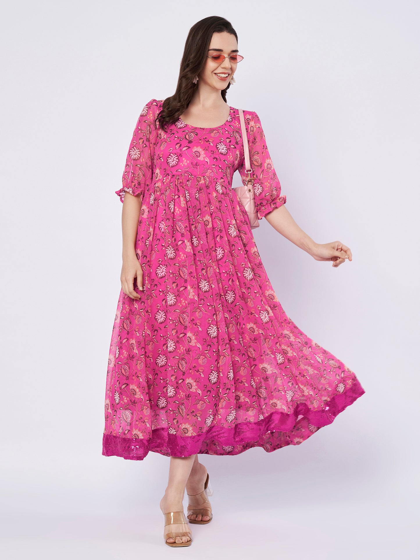 Kuberakshi Floral Print Anarkali Midi Dress with Sequin Border