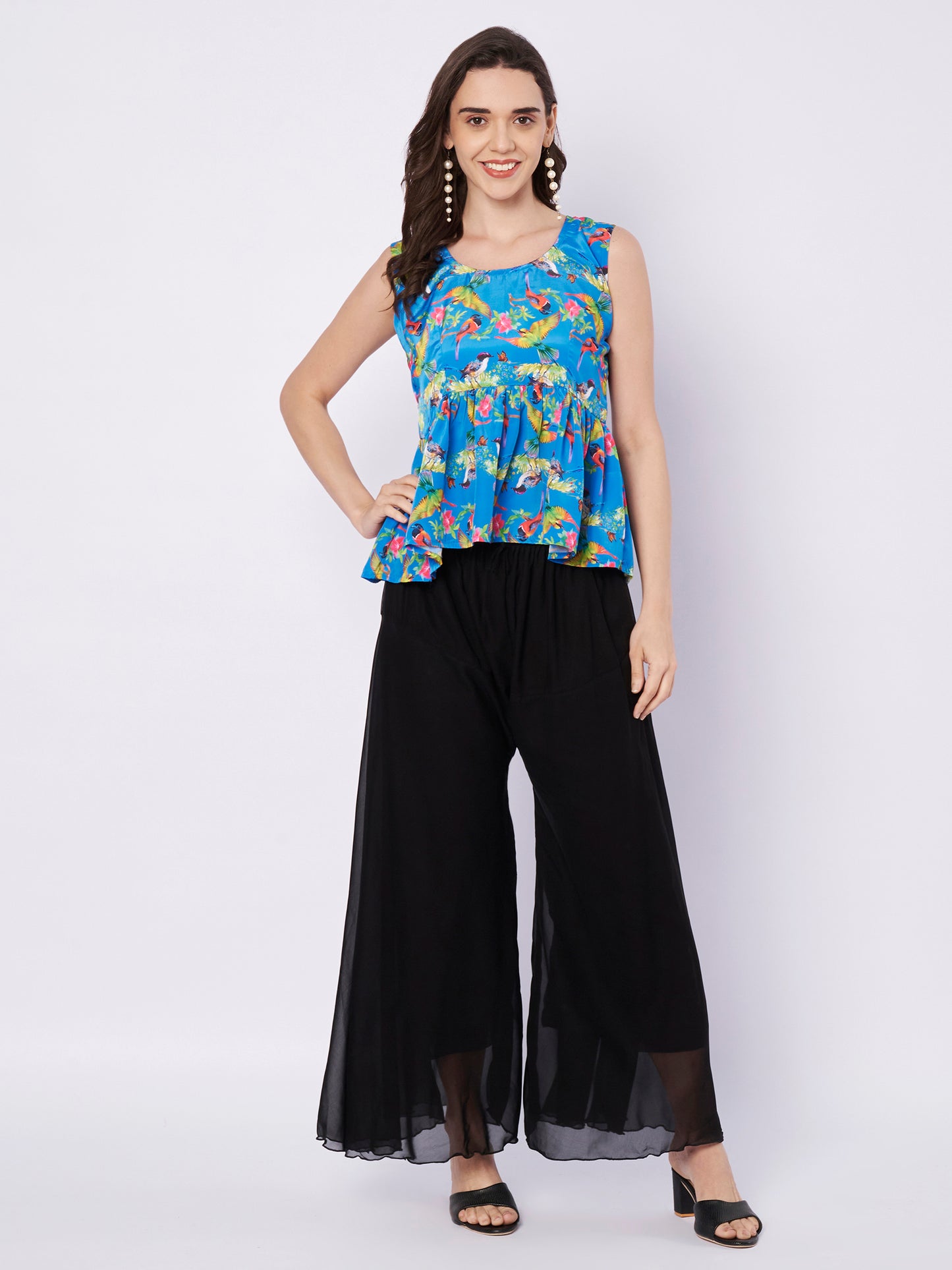 Kuberakshi Tropical Print Peplum Top with Black Palazzo Set