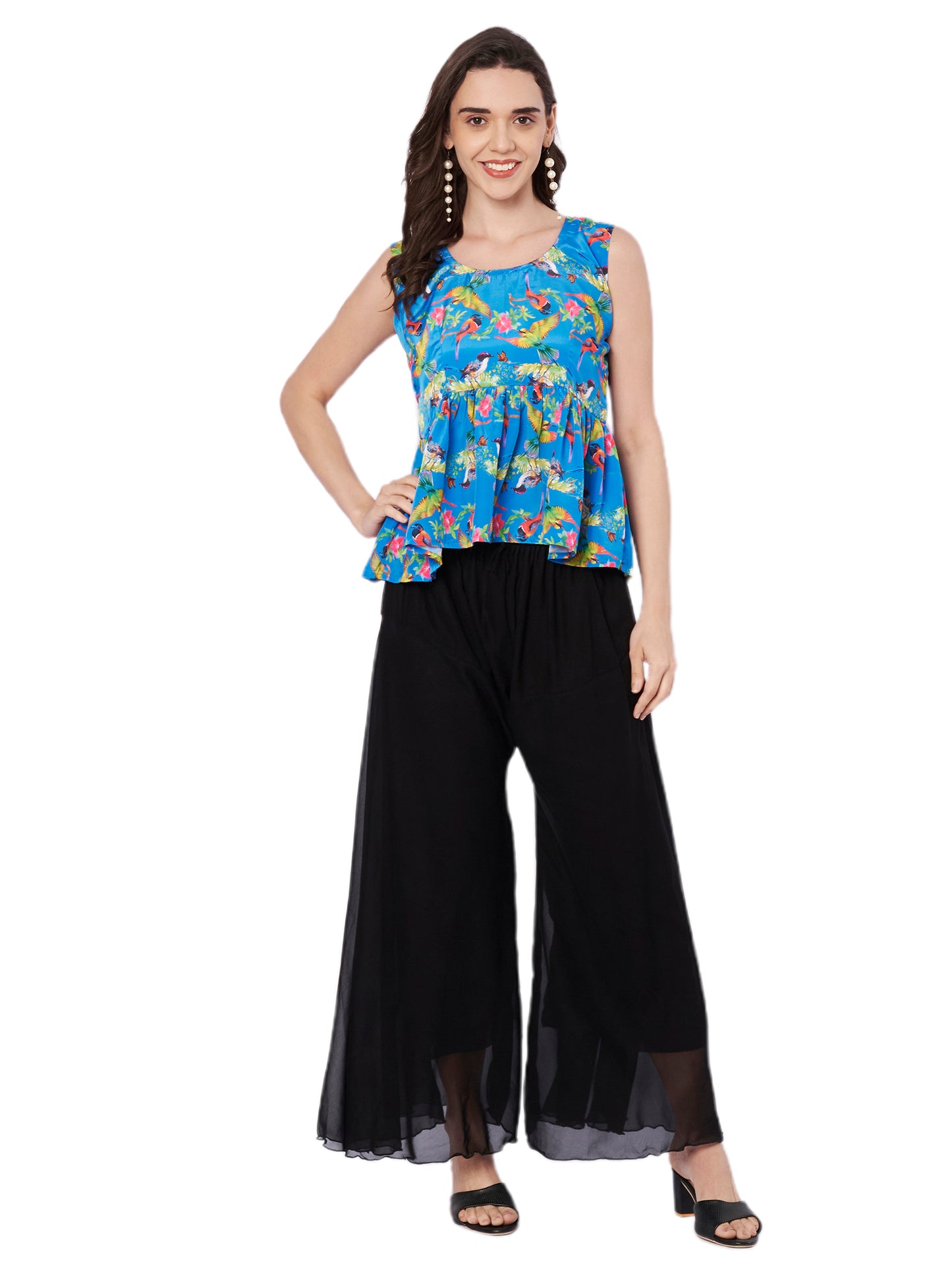 Kuberakshi Tropical Print Peplum Top with Black Palazzo Set