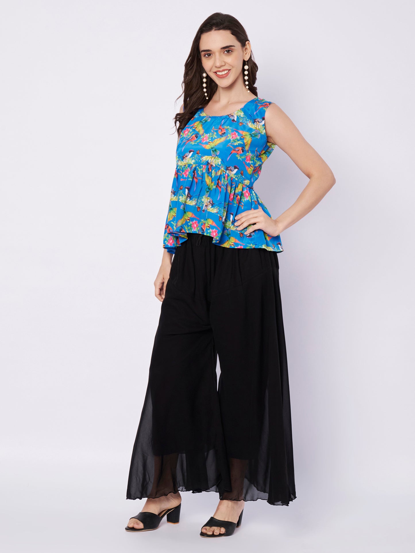 Kuberakshi Tropical Print Peplum Top with Black Palazzo Set