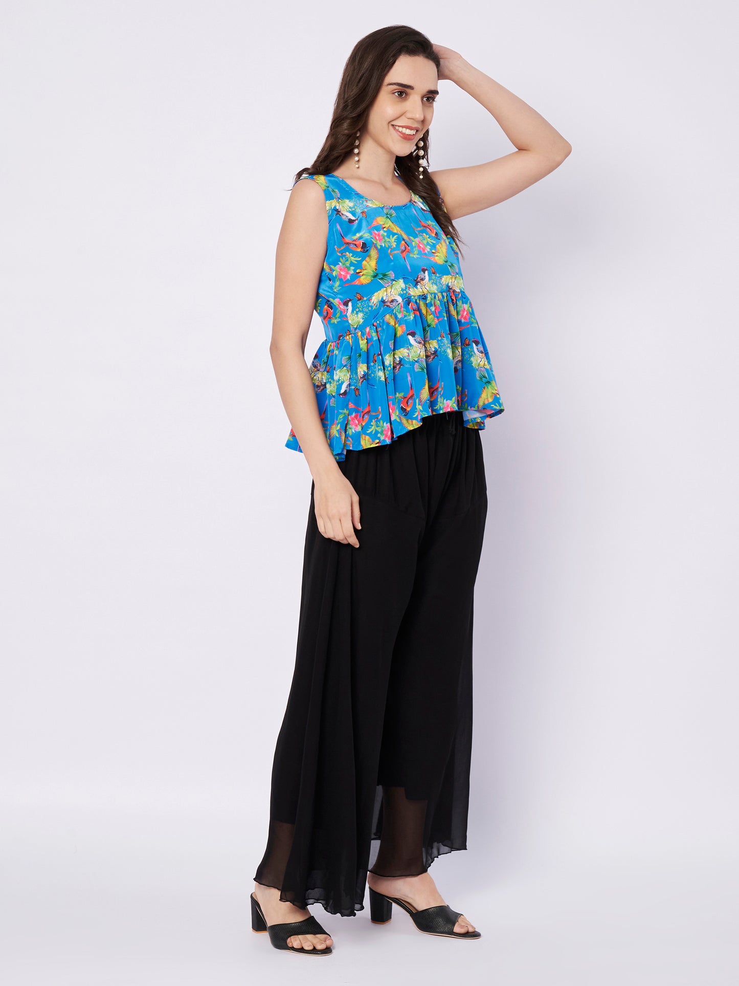 Kuberakshi Tropical Print Peplum Top with Black Palazzo Set