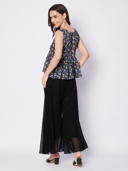 Kuberakshi Floral Peplum Top with Black Palazzo Set