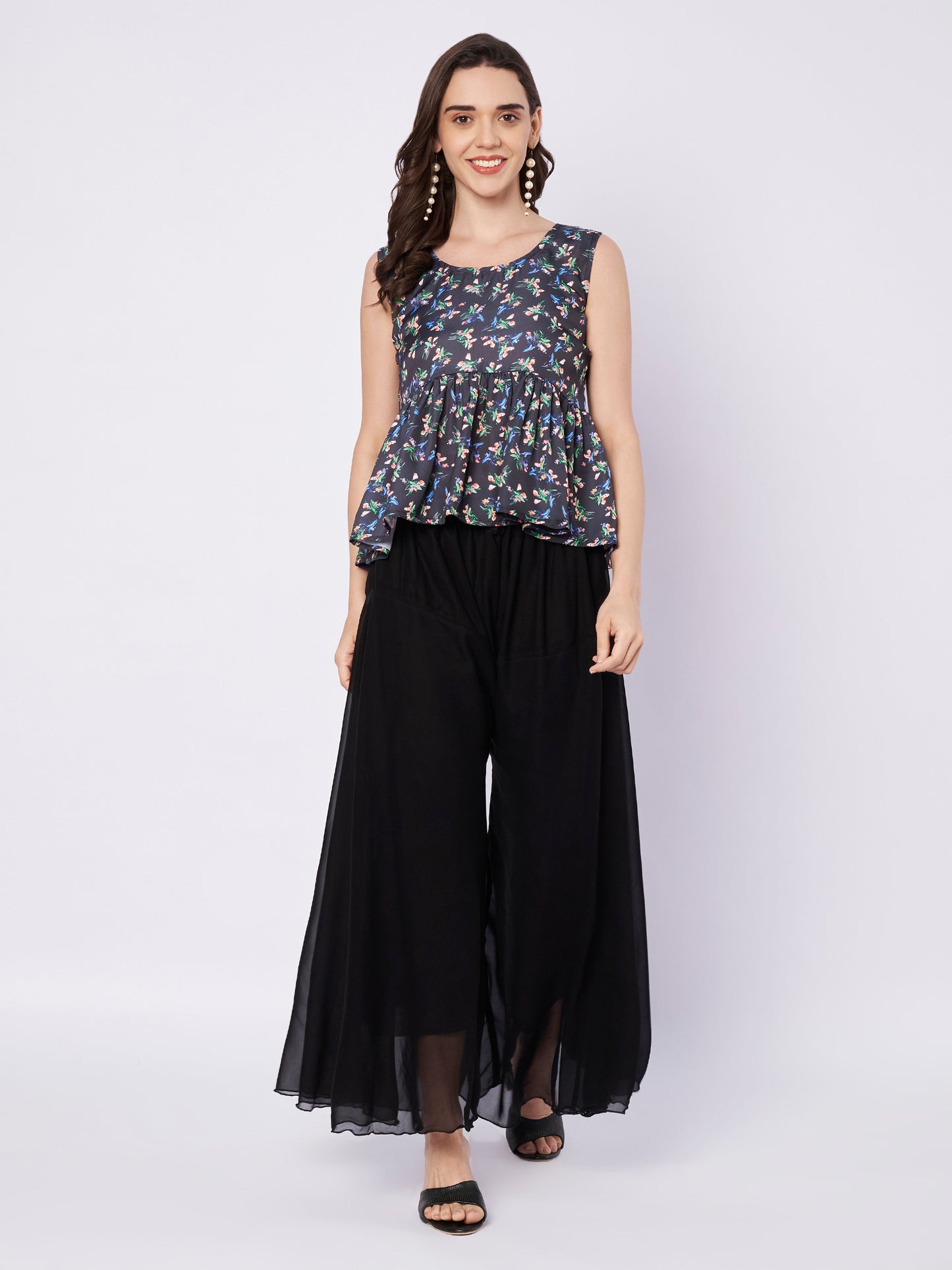 Kuberakshi Floral Peplum Top with Black Palazzo Set