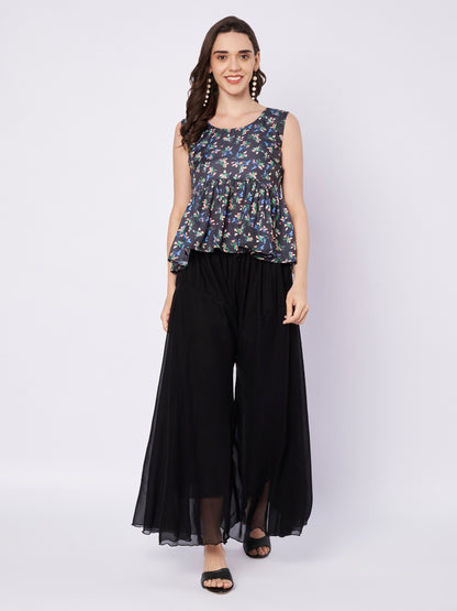 Kuberakshi Floral Peplum Top with Black Palazzo Set