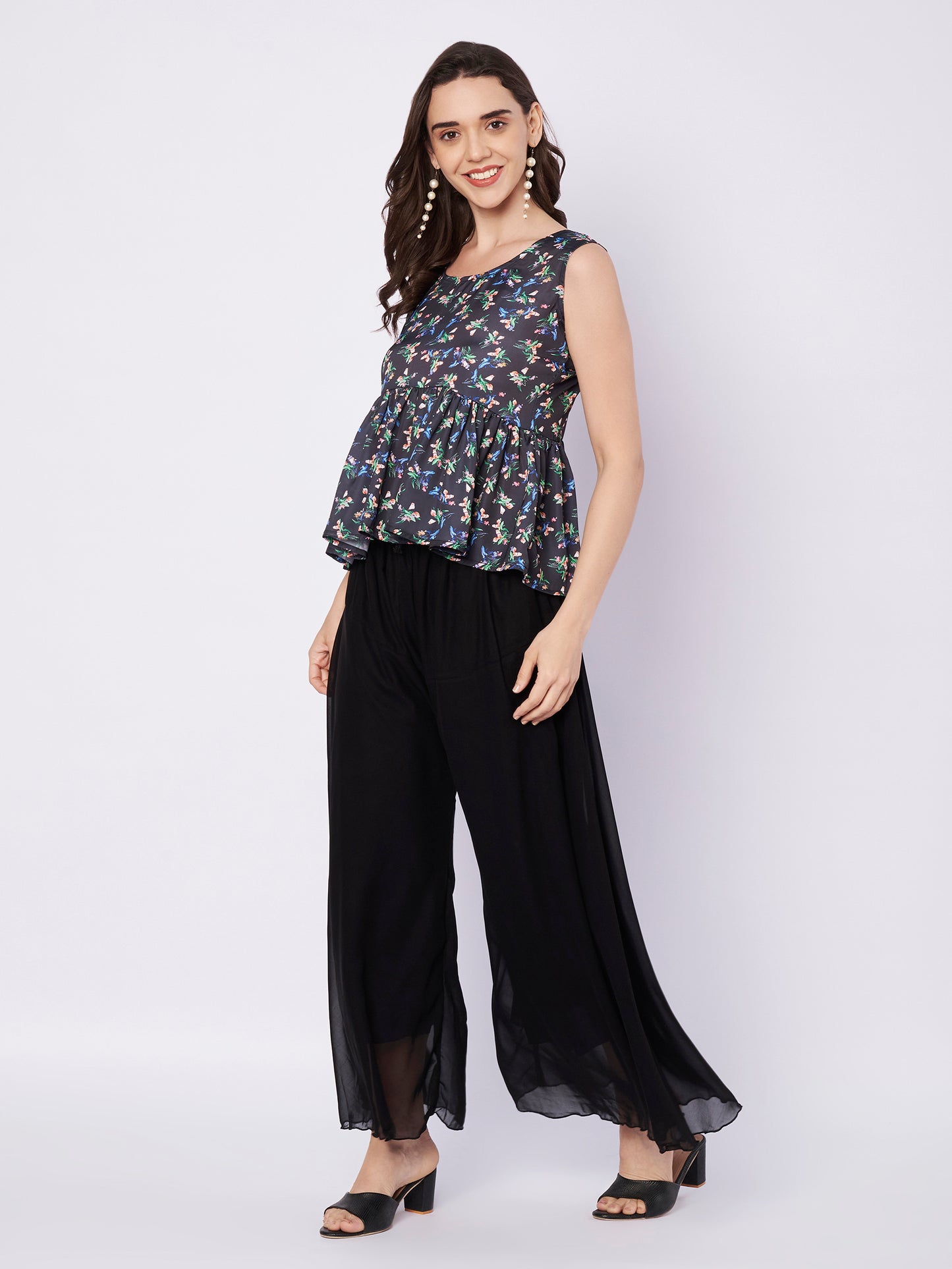 Kuberakshi Floral Peplum Top with Black Palazzo Set