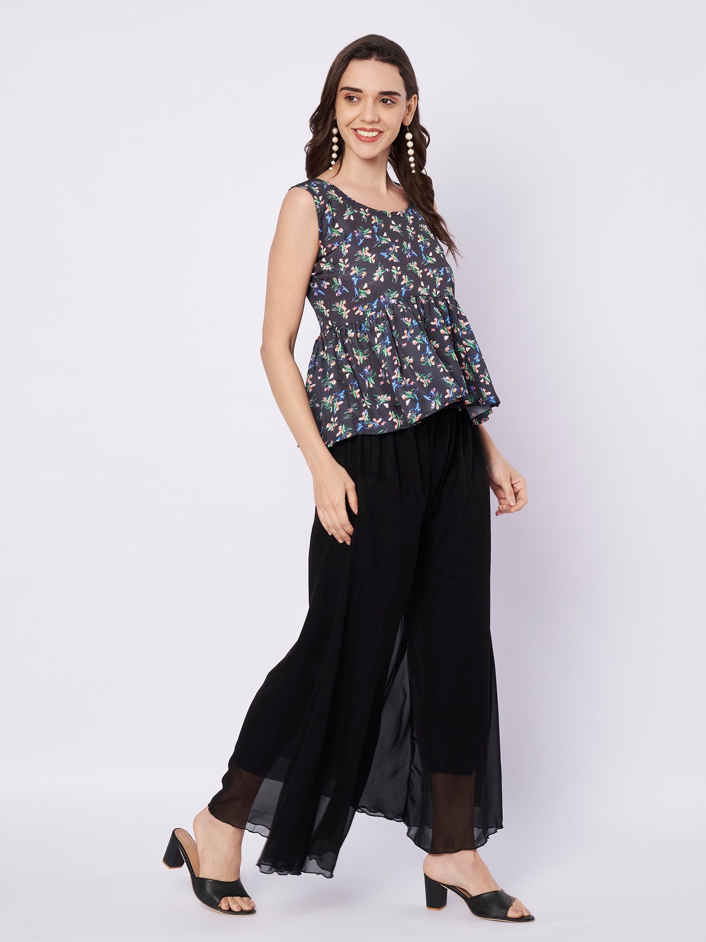 Kuberakshi Floral Peplum Top with Black Palazzo Set