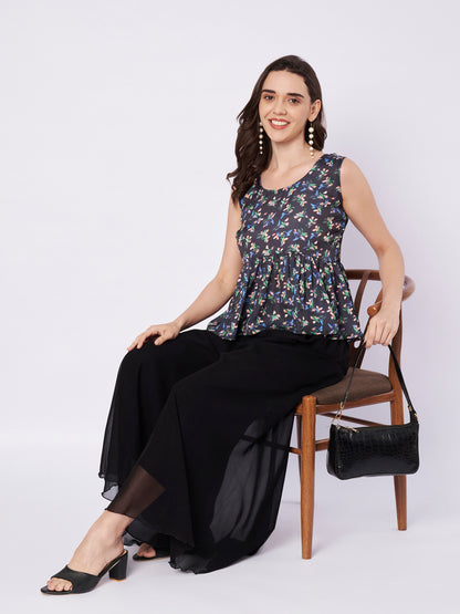 Kuberakshi Floral Peplum Top with Black Palazzo Set