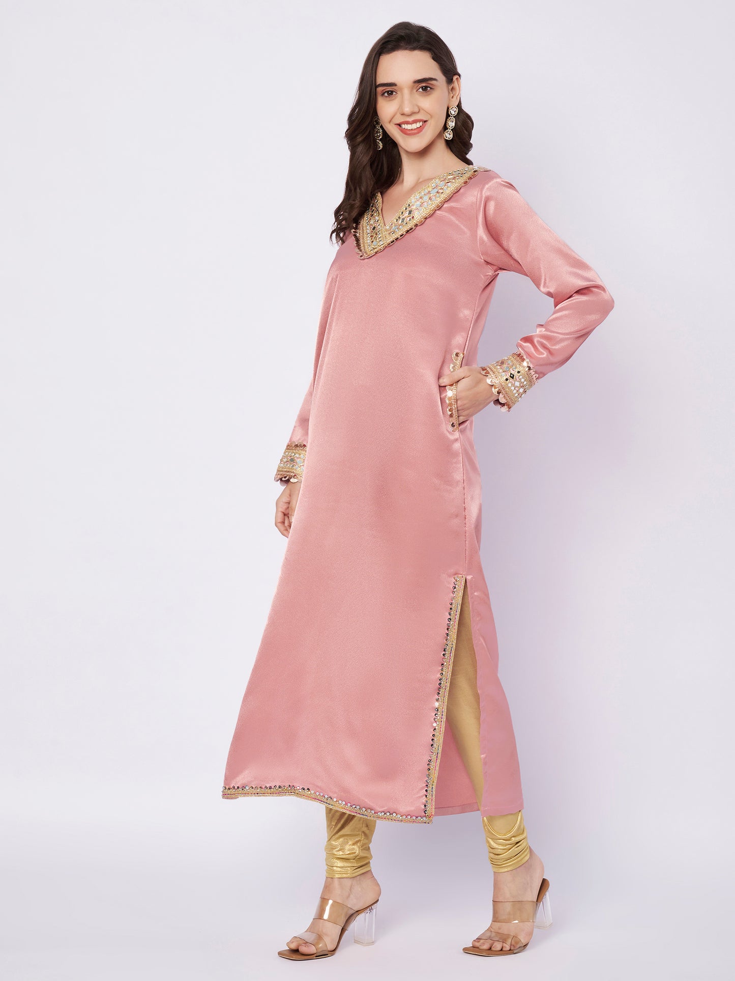 Kuberakshi Embellished V-Neck Kurta with Churidar Set