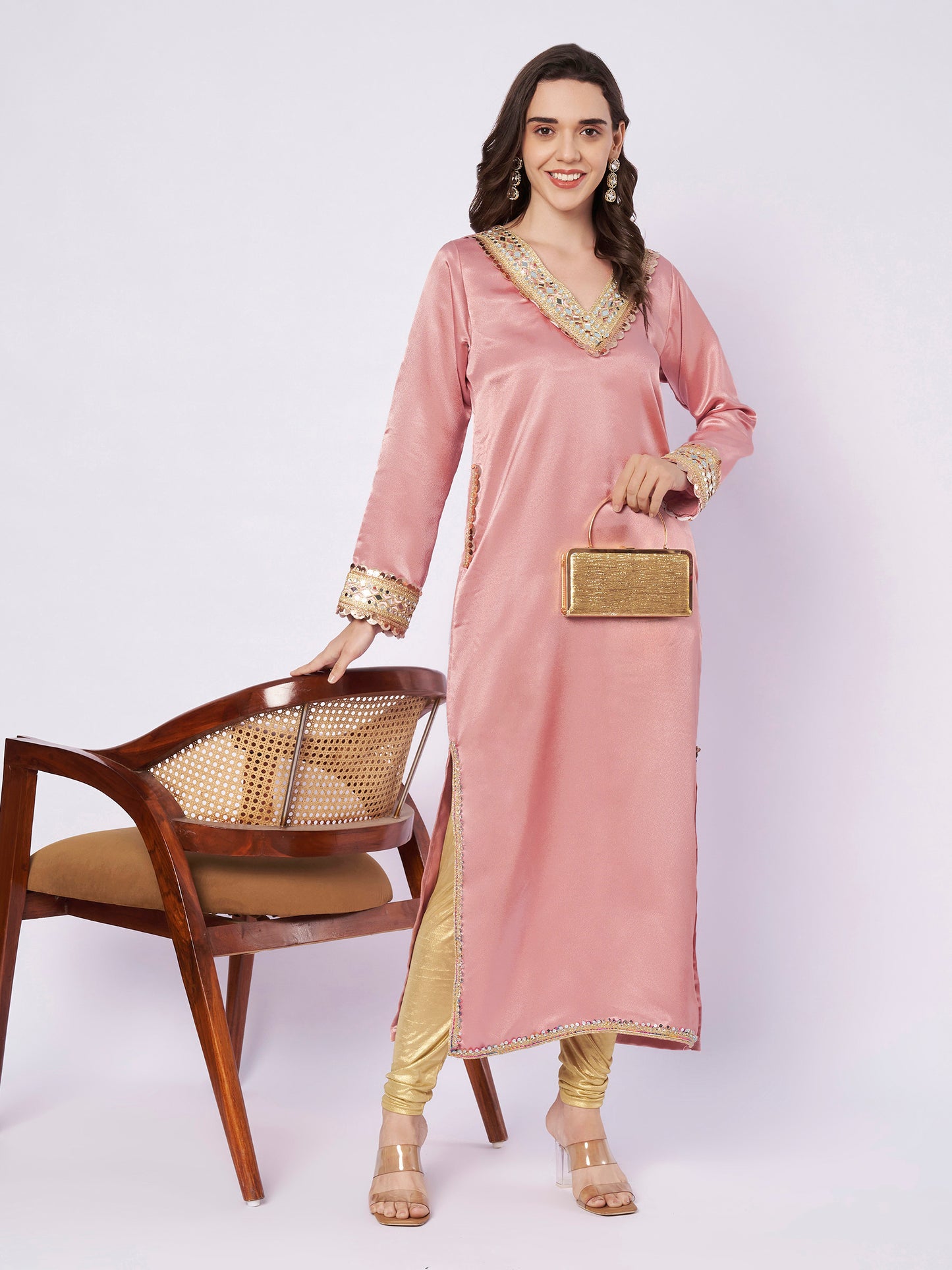 Kuberakshi Embellished V-Neck Kurta with Churidar Set