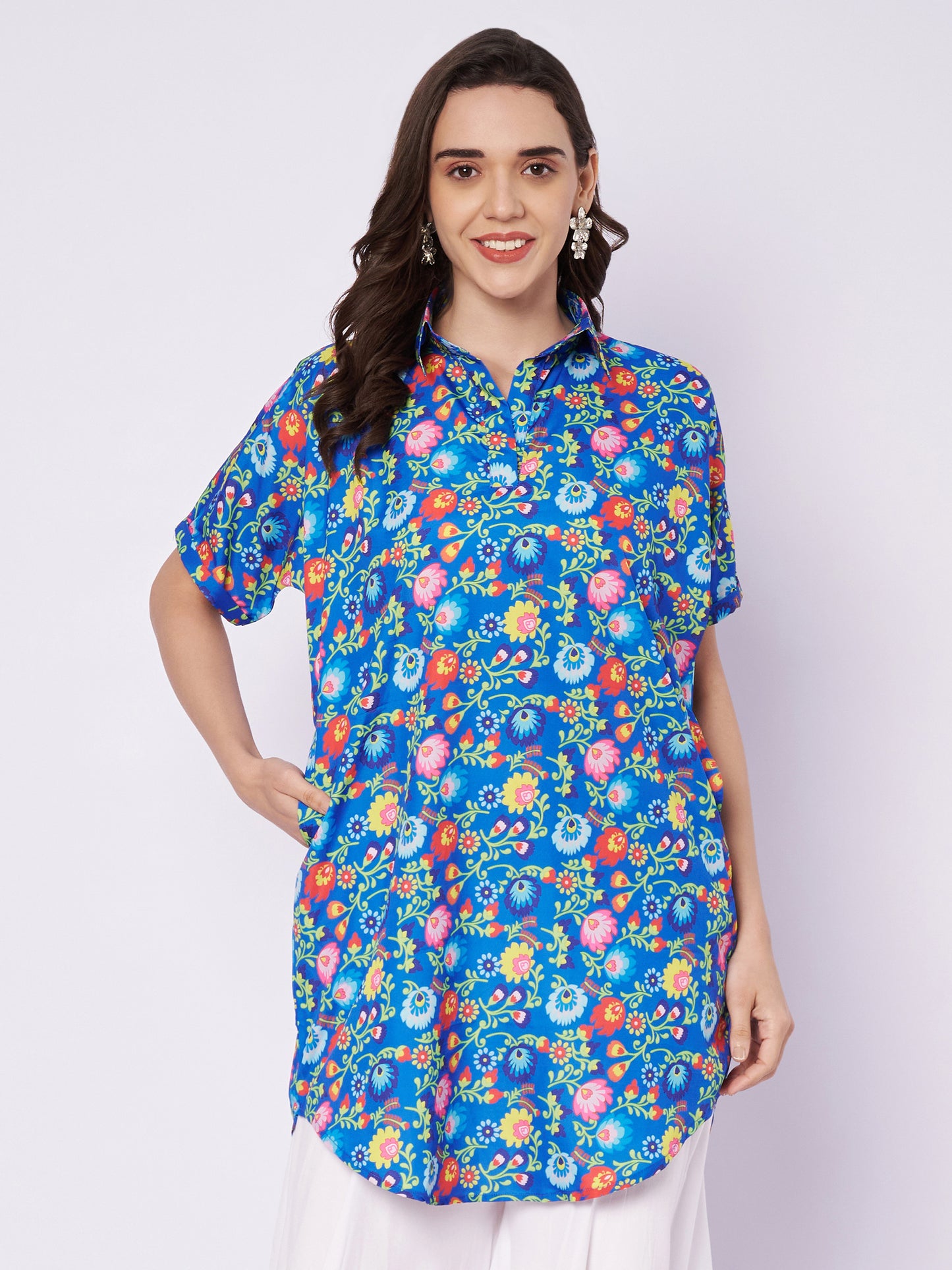 Kuberakshi Floral Print Shirt Kurti with White Palazzo Set