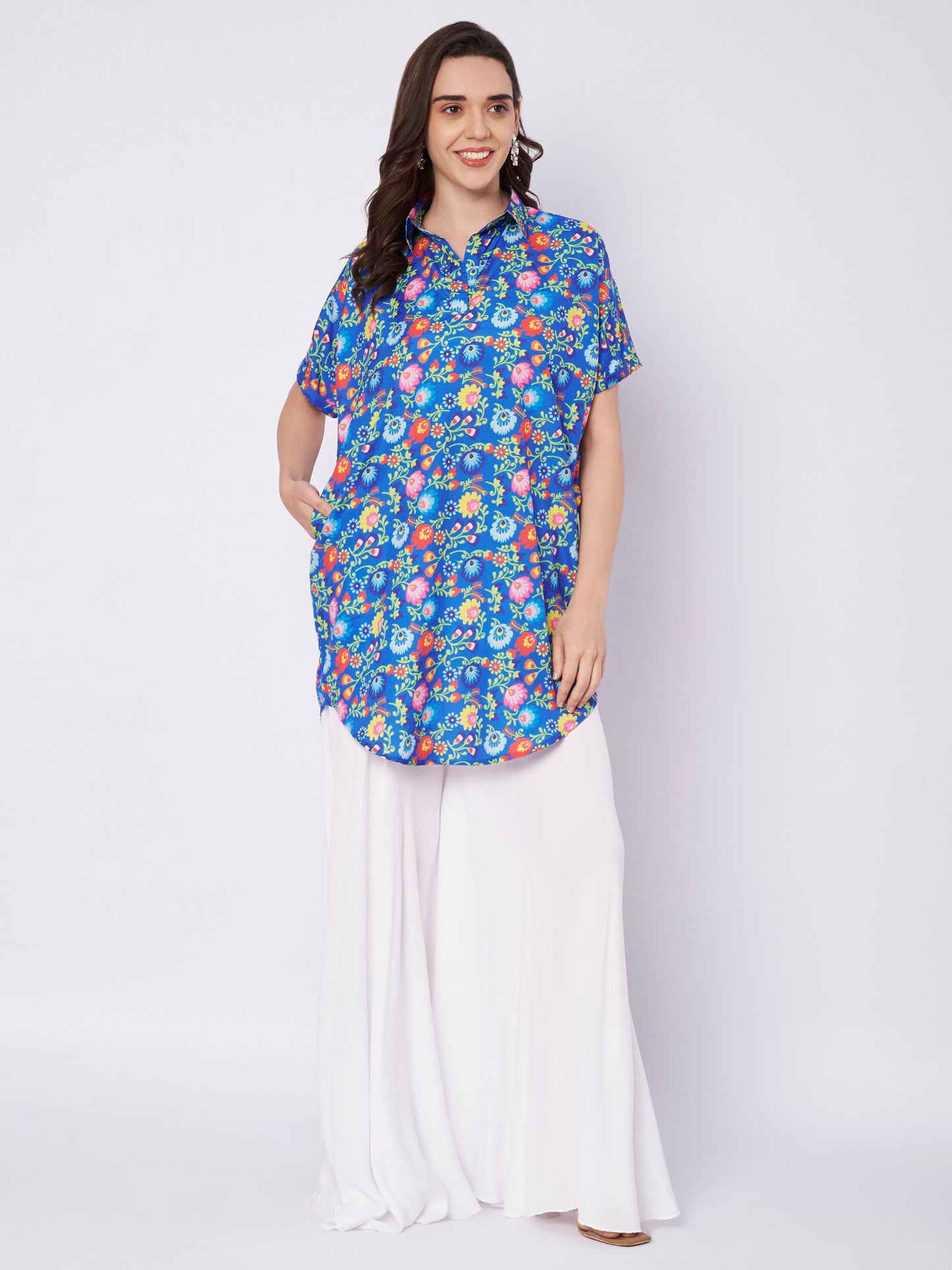 Kuberakshi Floral Print Shirt Kurti with White Palazzo Set