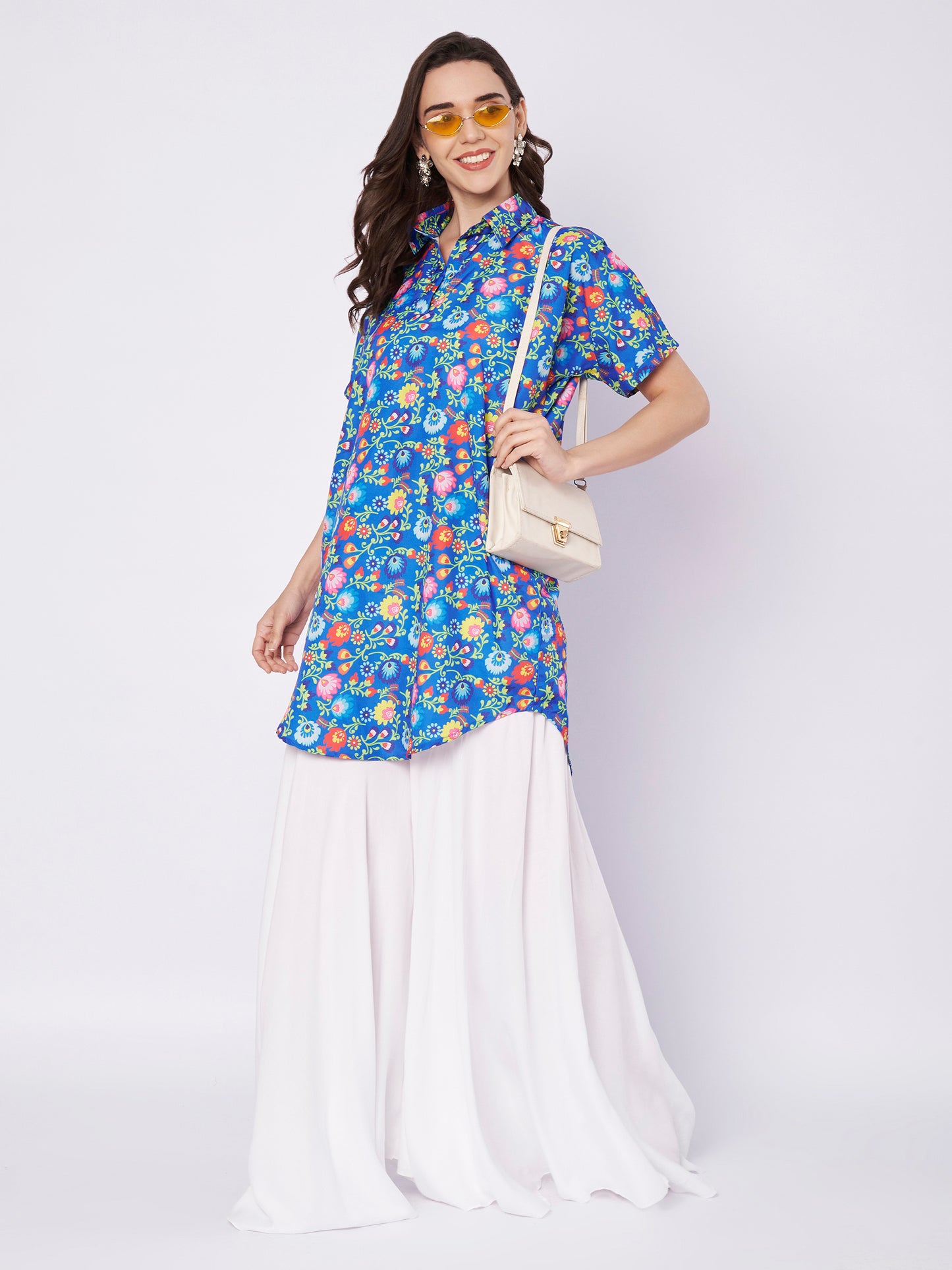 Kuberakshi Floral Print Shirt Kurti with White Palazzo Set