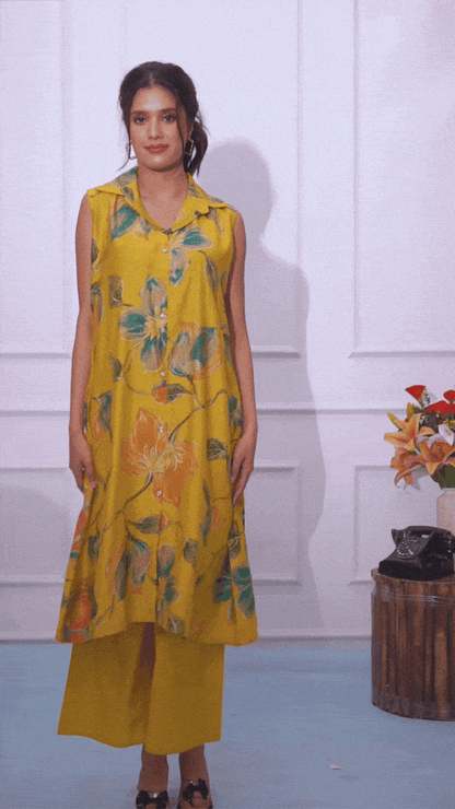 Yellow Printed Shirt Style Cord Set