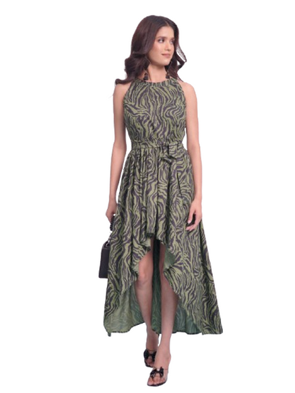 A Green black Tiger print long frock