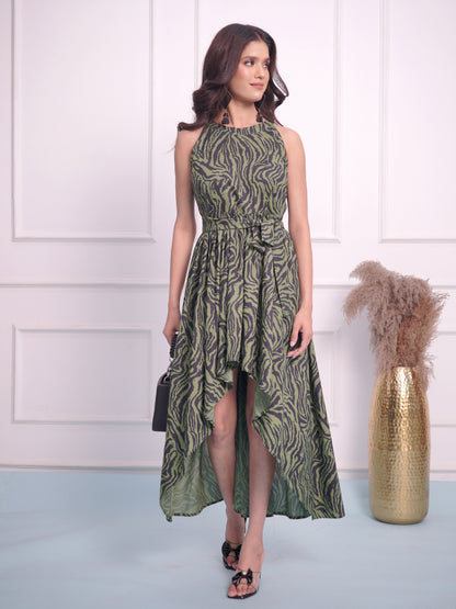 A Green black Tiger print long frock