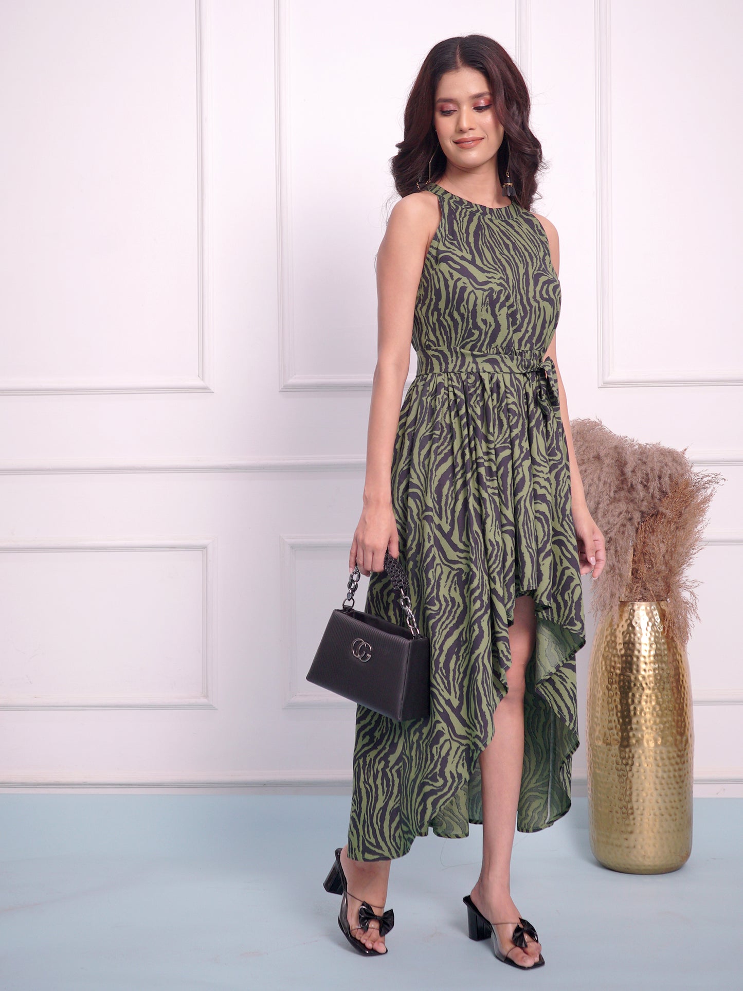 A Green black Tiger print long frock
