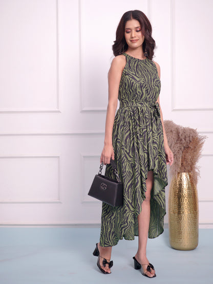 A Green black Tiger print long frock