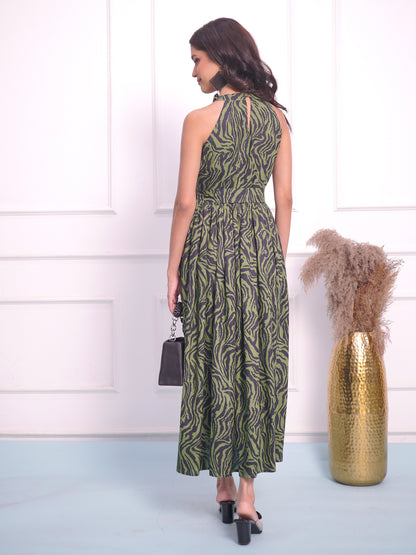 A Green black Tiger print long frock