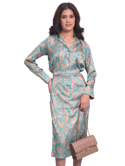 Printed Satin Wrap Skirt and Top