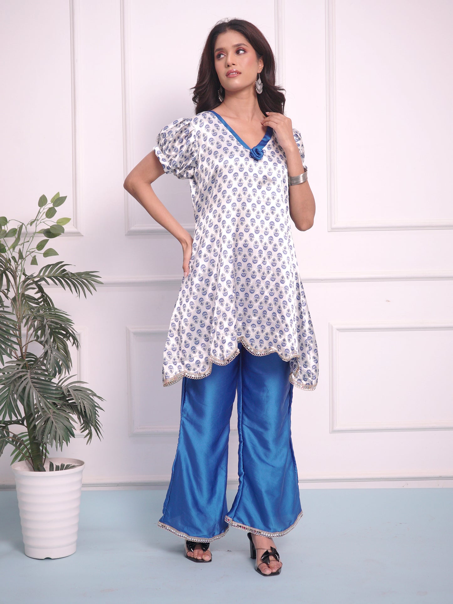 White Satin with Blue bell bottom Designer cord set