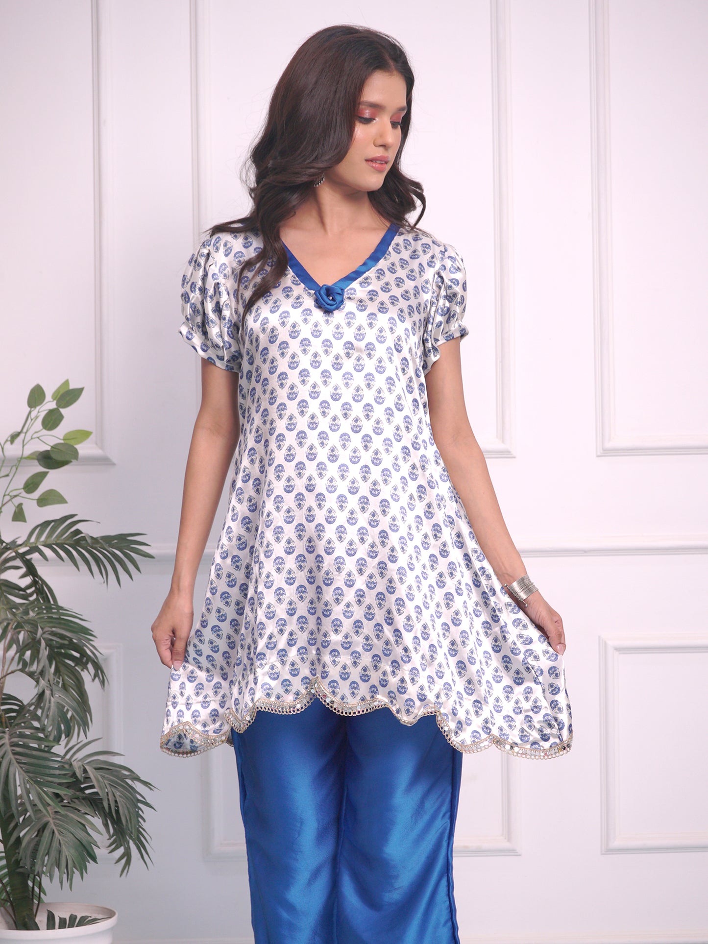 White Satin with Blue bell bottom Designer cord set