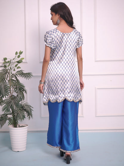 White Satin with Blue bell bottom Designer cord set