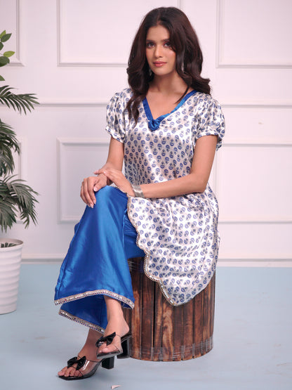 White Satin with Blue bell bottom Designer cord set